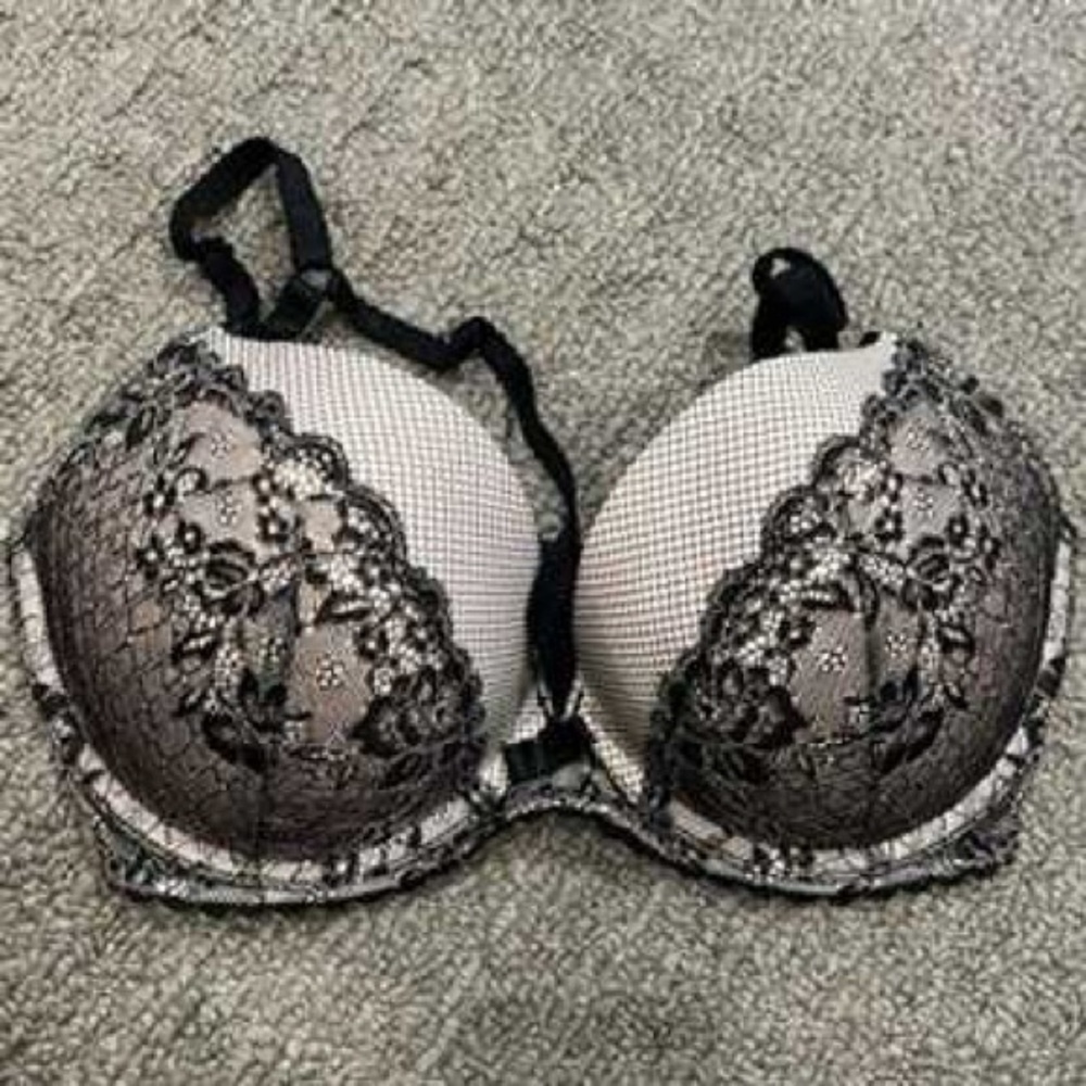 Lace Overlay Push-Up Bra - Black and Beige